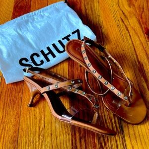 Brand new tan Schutz kitten heal sandals with the rhinestone straps.